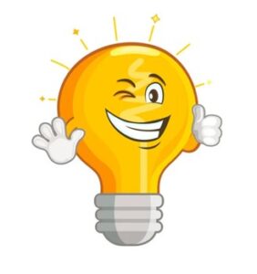 En tecknad glödlampa som gör tummen upp.